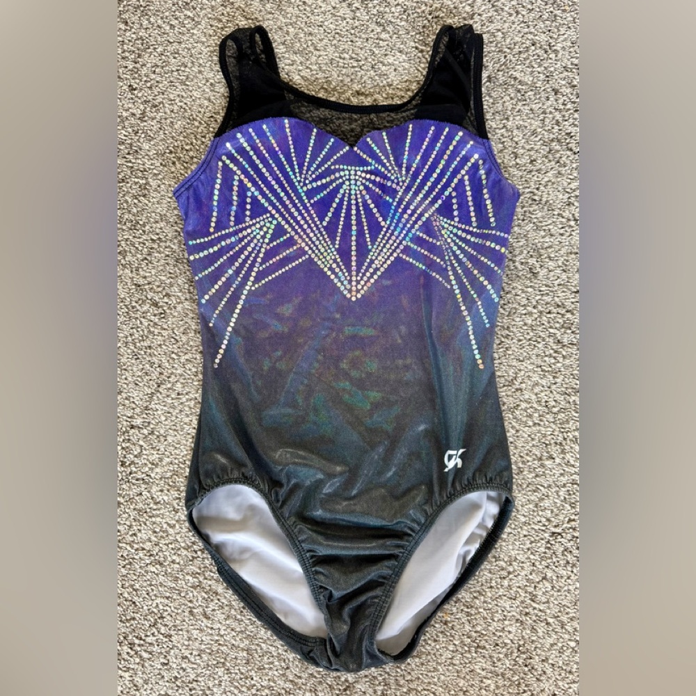 GK ELITE gymnastics Leotard PURPLE Shimmer SILVER Sequin BLING Mesh TANK Leo
